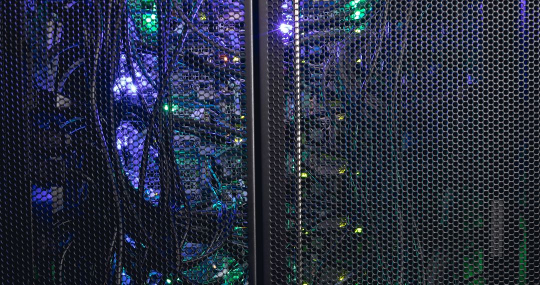 Close-up View of Server Rack with Purple and Green Lights