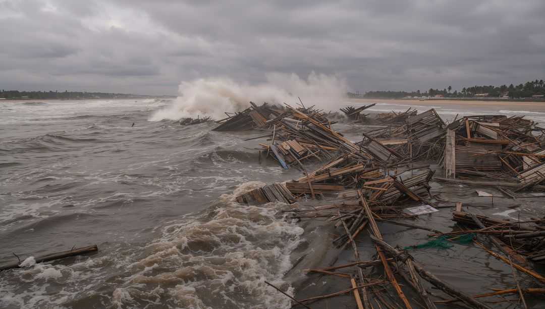 Raging Waves Engulfing Debris at Stormy Coastline