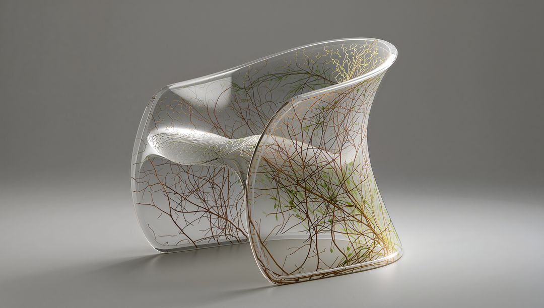 Transparent Sculptural Chair Showcasing Organic Twig Network and Green Tendrils in Acrylic