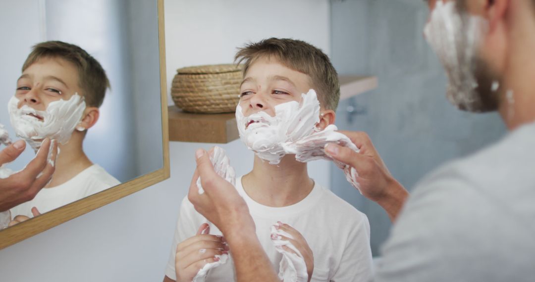 Father Helping Young Son Shave for First Time in Bathroom - Free Images, Stock Photos and Pictures on Pikwizard.com