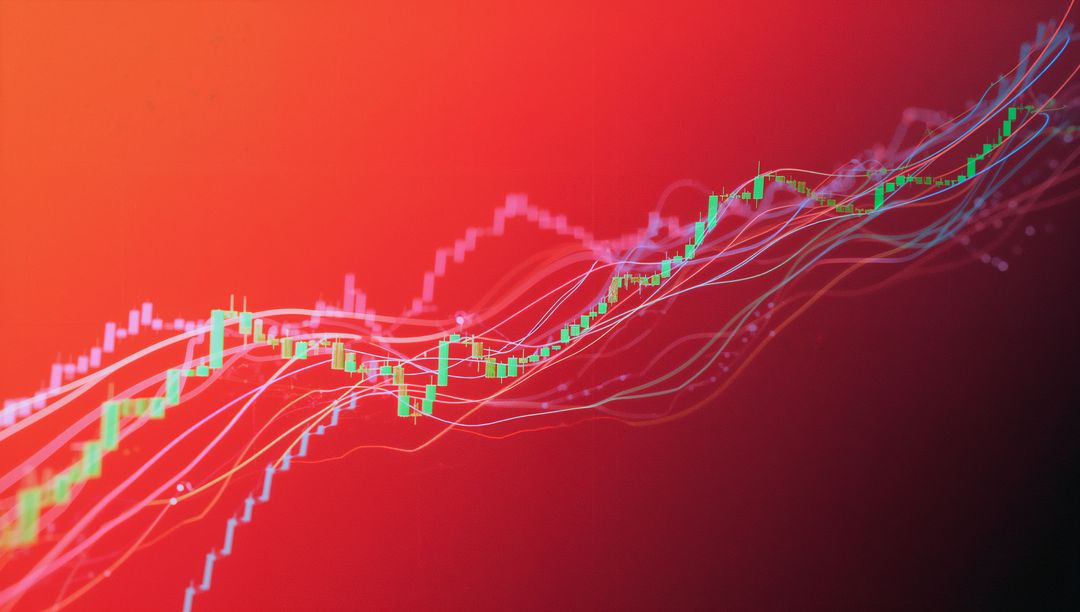 Rising Green Candlestick Chart with Moving Averages on Red Background