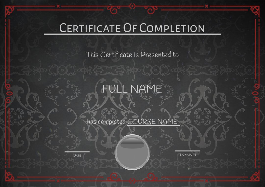 Elegant Certificate of Completion with Ornate Border and Grey Pattern Background - Download Free Stock Templates Pikwizard.com