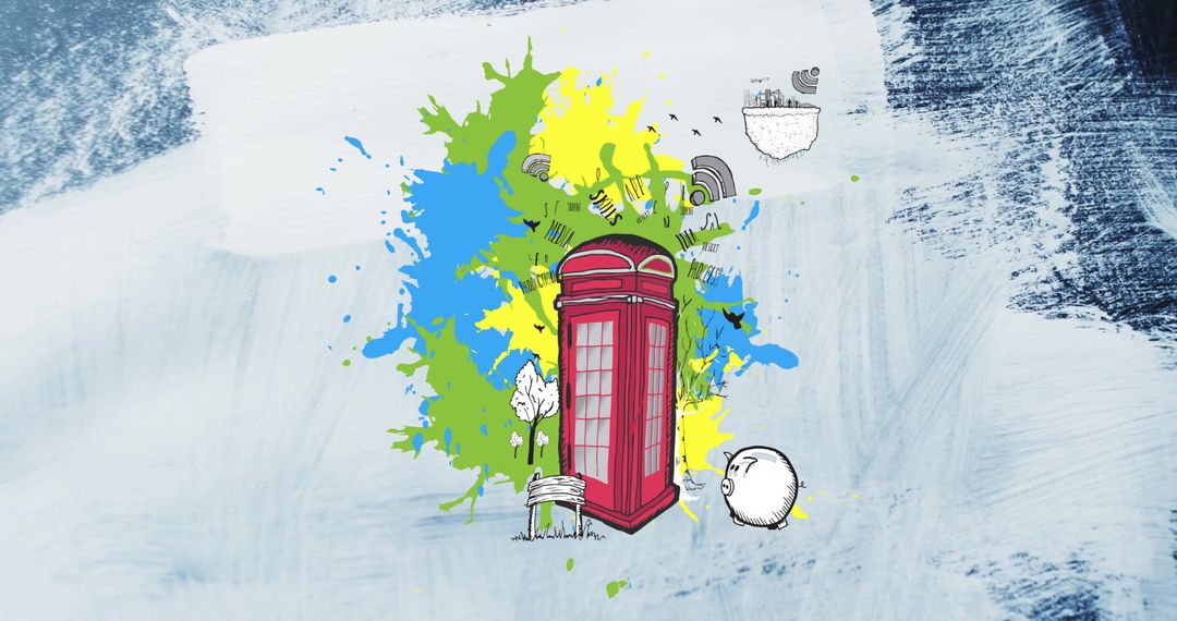 Retro Phone Box With Piggy Bank And Wifi Symbols Over Brushes