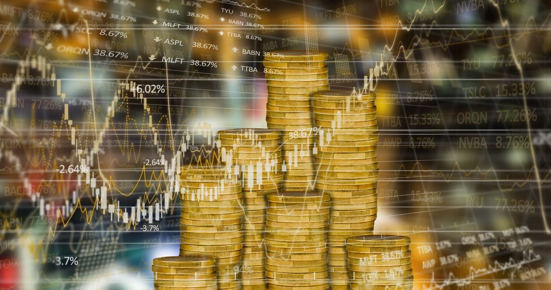 Stacked Gold Coins with Financial Data Overlay Illustrating Market Trends