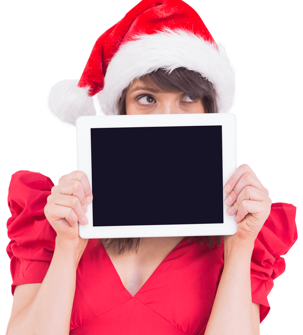 Festive Woman in Red Santa Hat Displaying Transparent Tablet