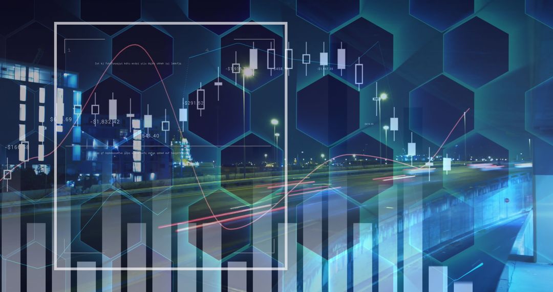Night Cityscape with Financial Chart Overlay Highlighting Stock Trends