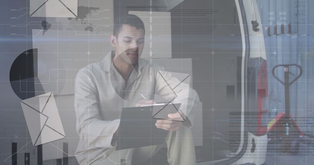 Delivery Worker Analyzing Data with Digital Overlay in Cargo Van