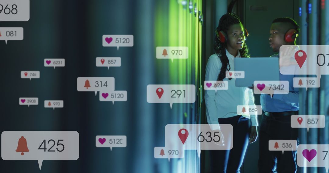 Engineers Navigating Social Media Insights in Modern Server Room