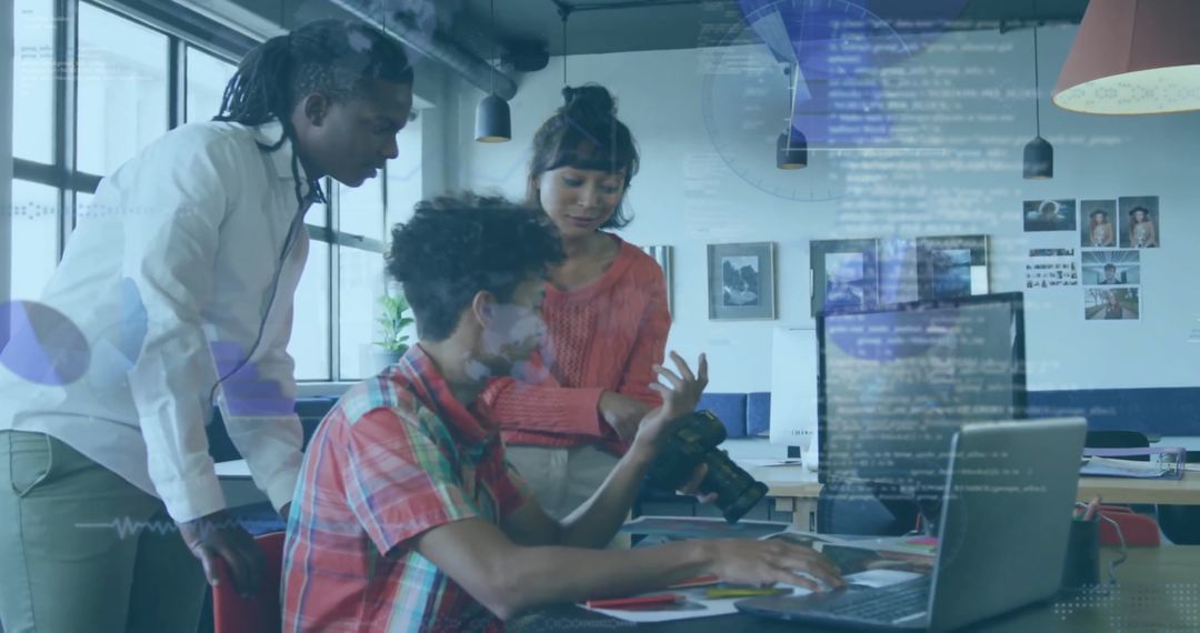 Diverse Team Collaborating with Abstract Digital Data Overlay