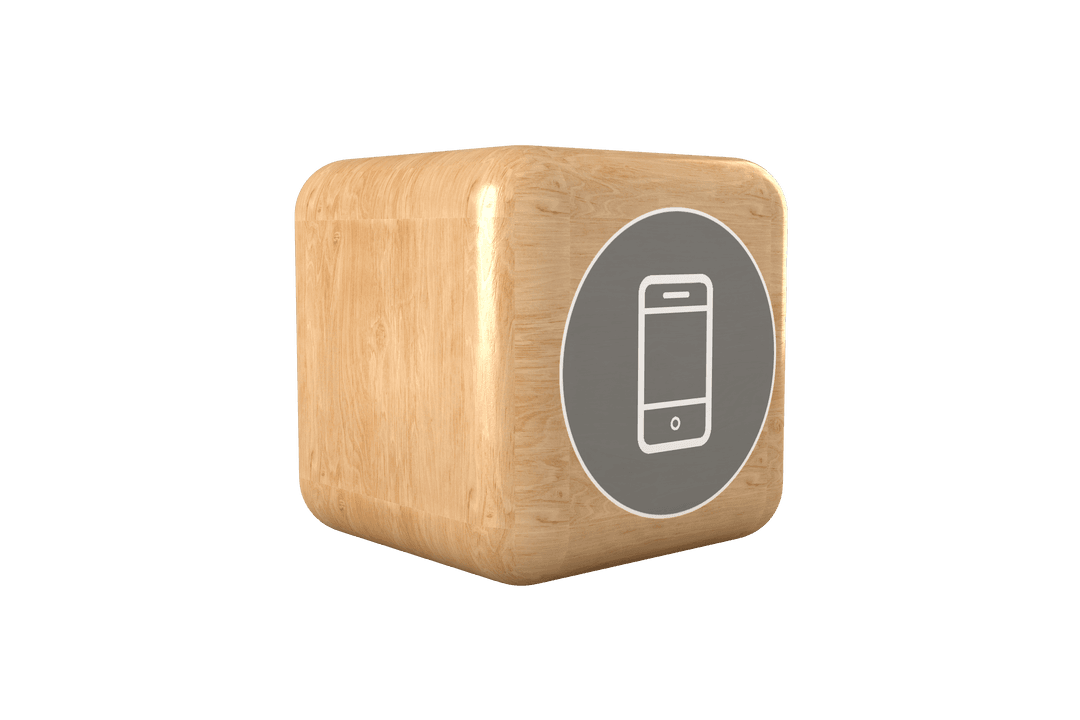 Transparent Cube with Mobile Icon on Wooden Block