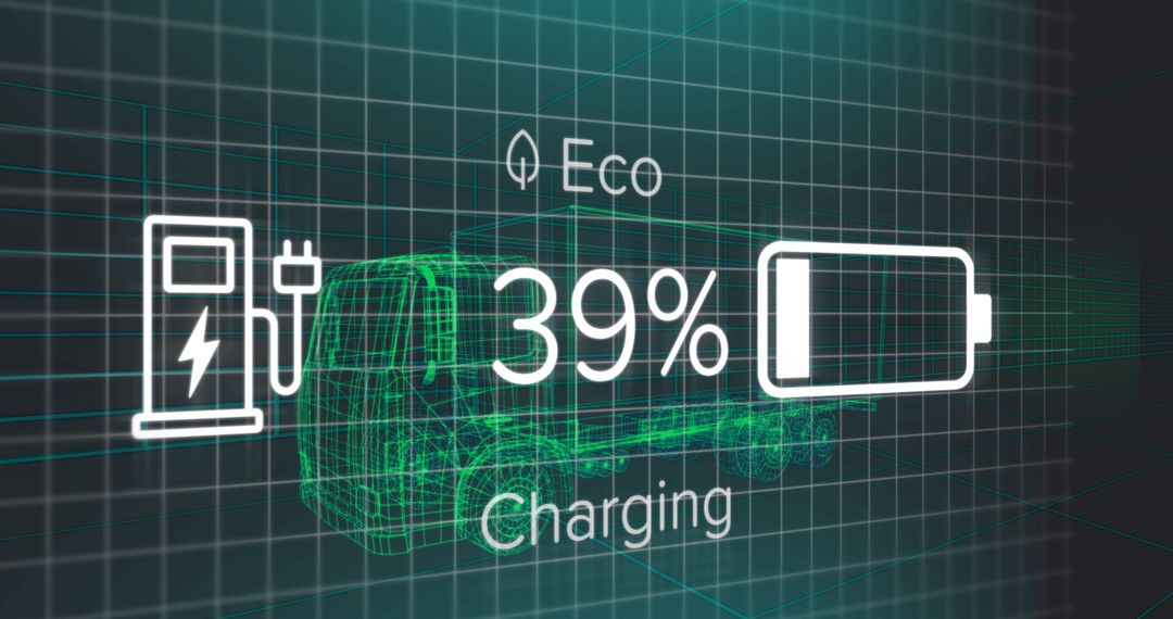 Futuristic Electric Truck Charging with Grid Overlay and Battery Indicator