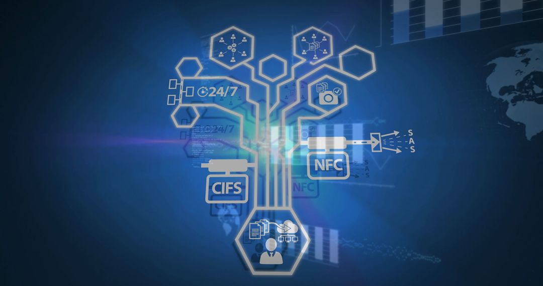 Digital Network Infrastructure with Technology Icons and User Silhouette