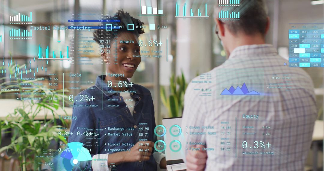 Business Professionals Analyzing Financial Data with Holograms