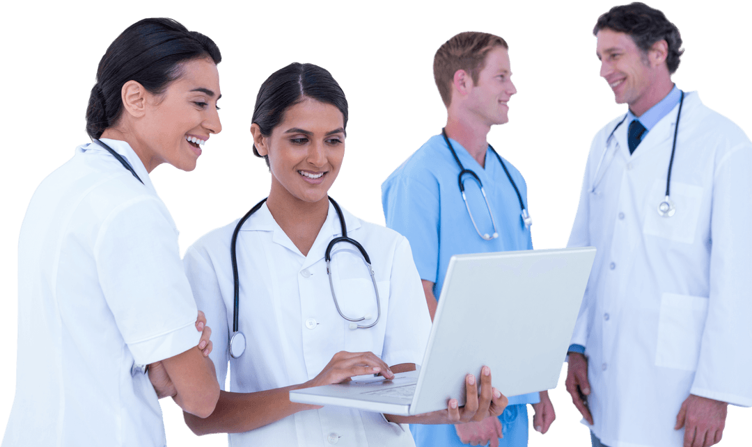 Smiling Diverse Medical Team Collaborating On Laptop