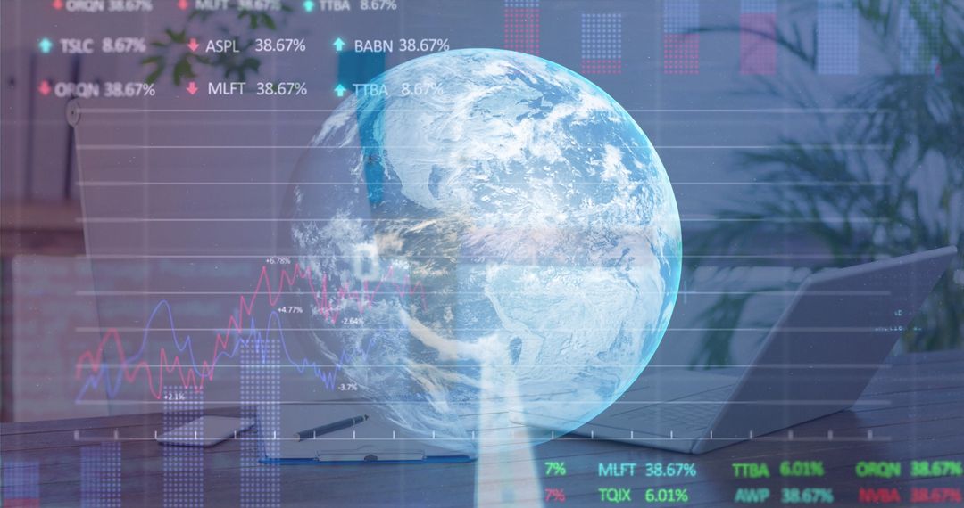 Global Finance Concept with Stock Market and Digital Globe Overlay
