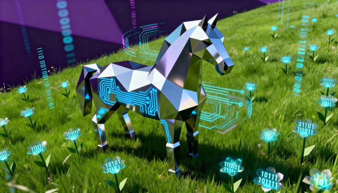 Low-poly metallic horse displaying cyan circuit patterns amid holographic data meadow