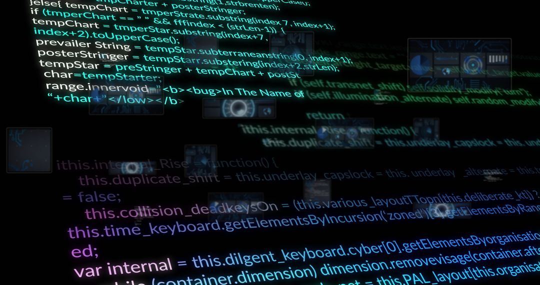 Floating codes on dark background symbolizing data and tech
