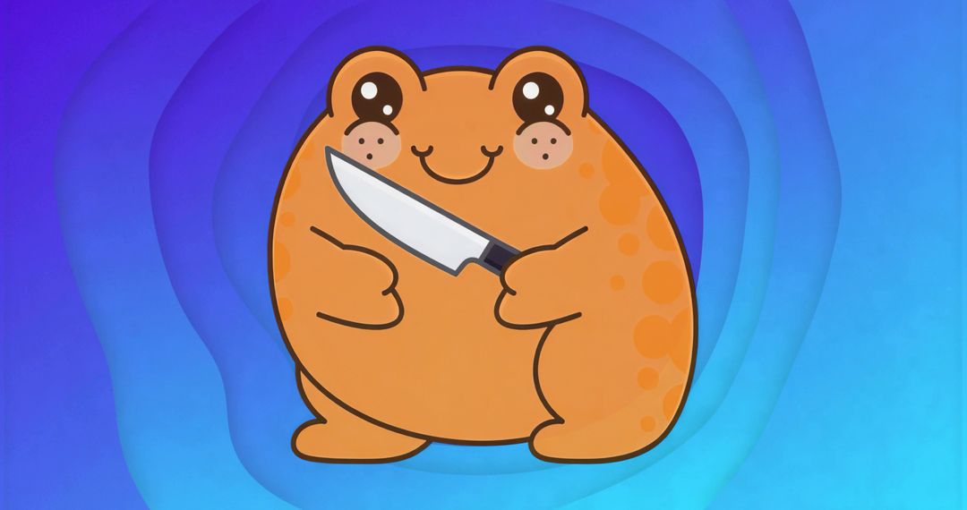 Playful Cartoon Amphibian Holding Knife in Abstract Tunnel