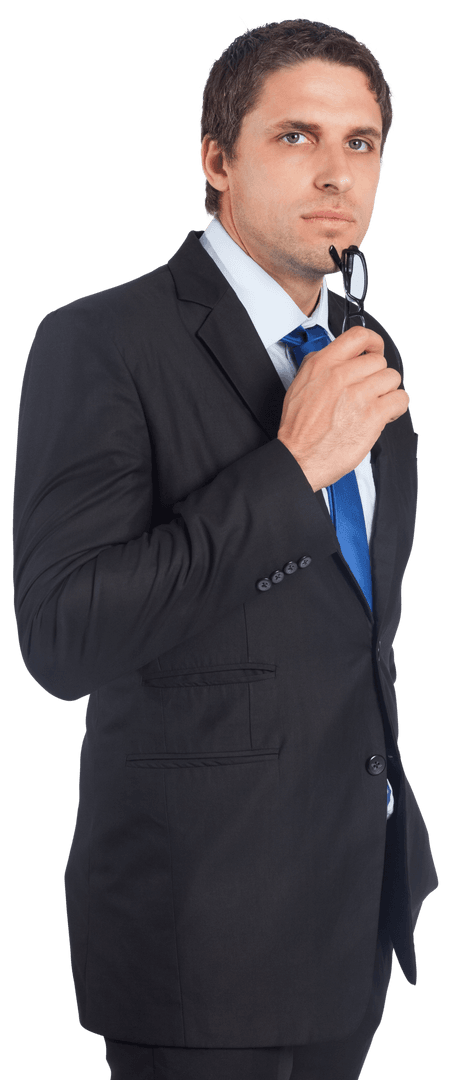 Pensive Businessman Holding Glasses Transparent Background PNG
