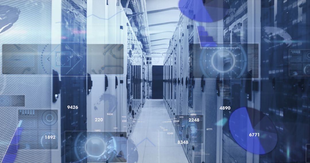 Data Overlay on Modern Server Room Depicts Digital Processing
