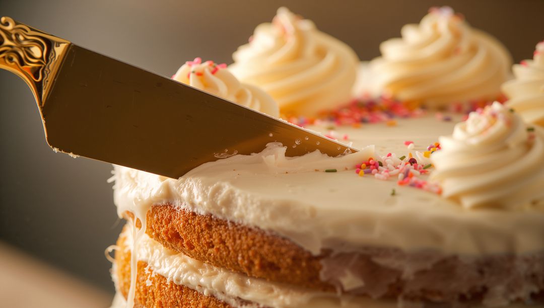 Slicing vanilla layer cake with buttercream rosettes and rainbow sprinkles, gold server