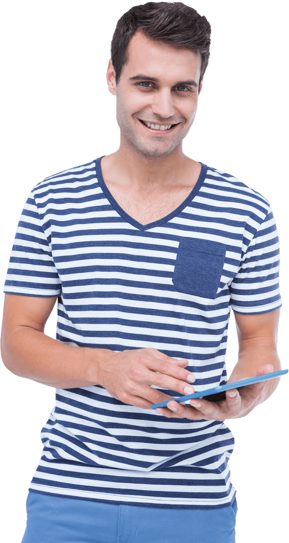 Smiling Man in Striped T-Shirt Using Tablet Computer Transparent