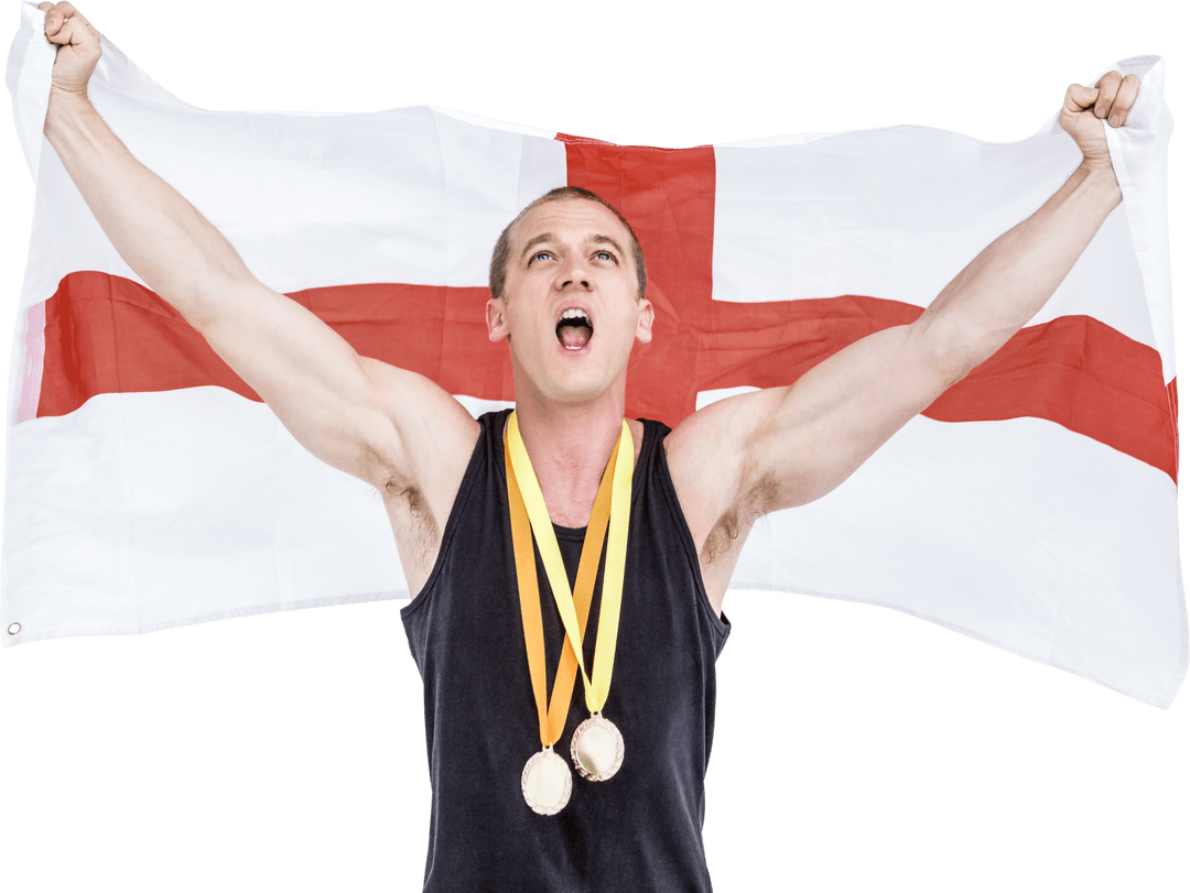 Athlete Triumphantly Holding English Flag with Gold Medals