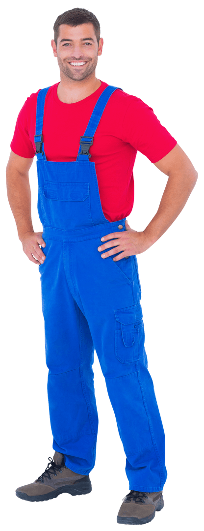 Portrait of Happy Handyman in Bright Blue Overalls on Transparent Background