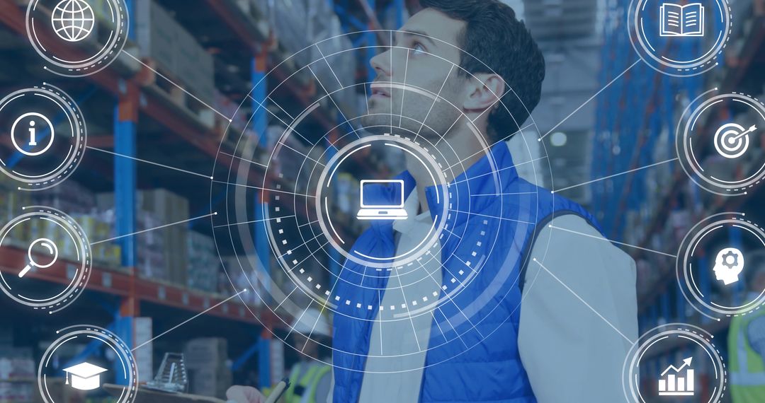 Warehouse worker scanning inventory with digital HUD overlay for smart logistics analytics