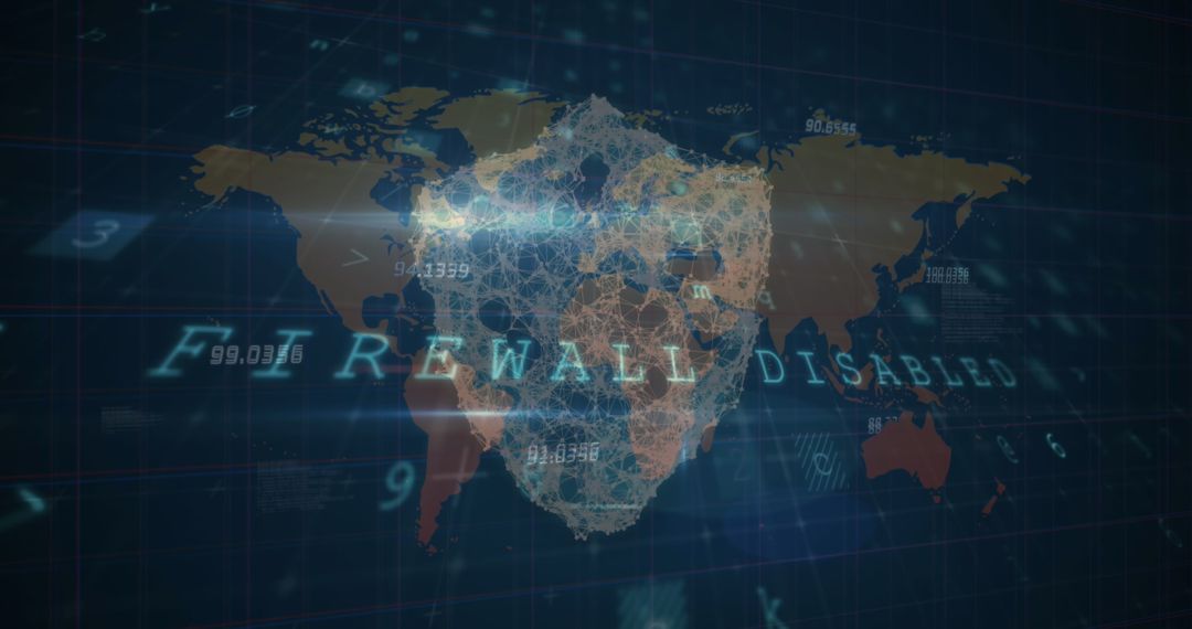 Cybersecurity Concept with World Map Overlay and Firewall Icon