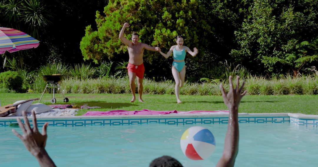 Friends Running Towards Pool for Summer Jump