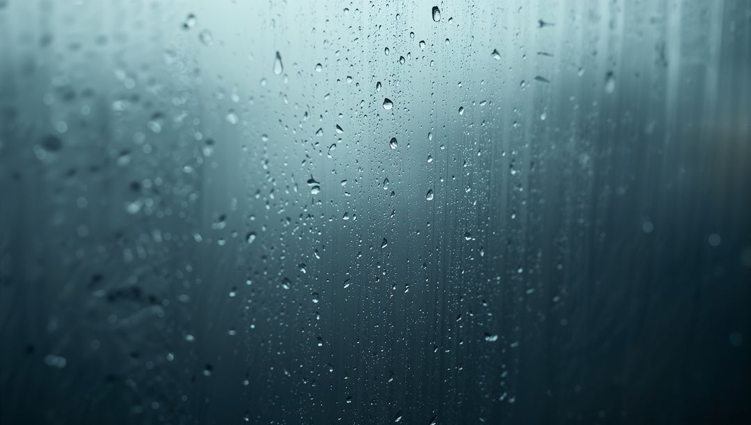 Abstract Raindrops Dripping on Glass Pane in Teal Green Hues