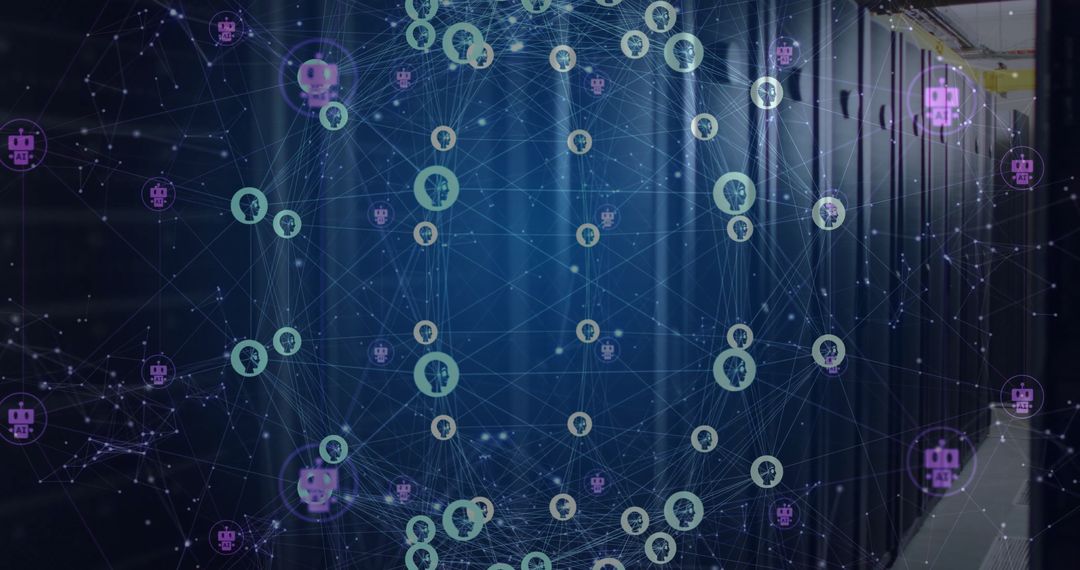 AI Digital Network Over Server Room with Chatbots and Connections