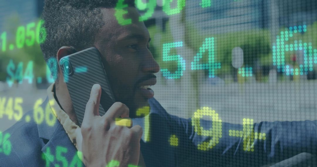 Businessman Making Call with Stock Market Projections Overlay