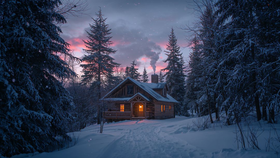 Glowing Log Cabin in Snowy Forest at Dusk with Chimney Smoke and Footprints