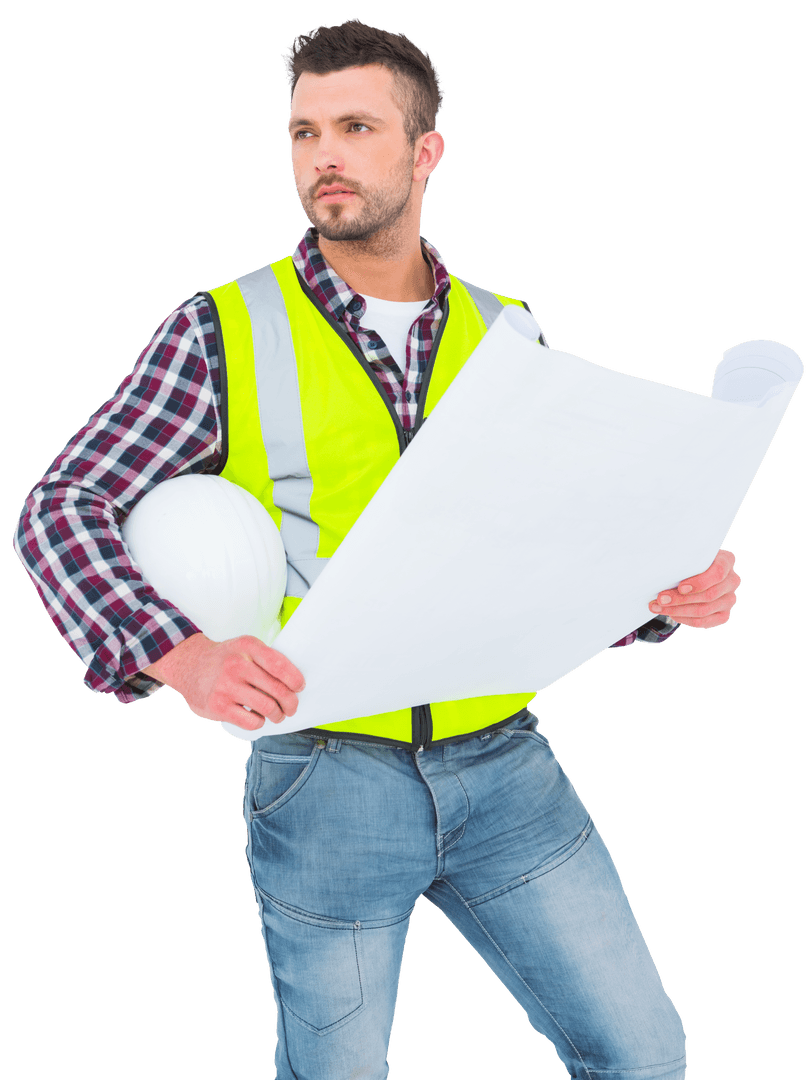 Thoughtful Architect Examining Transparent Blueprint