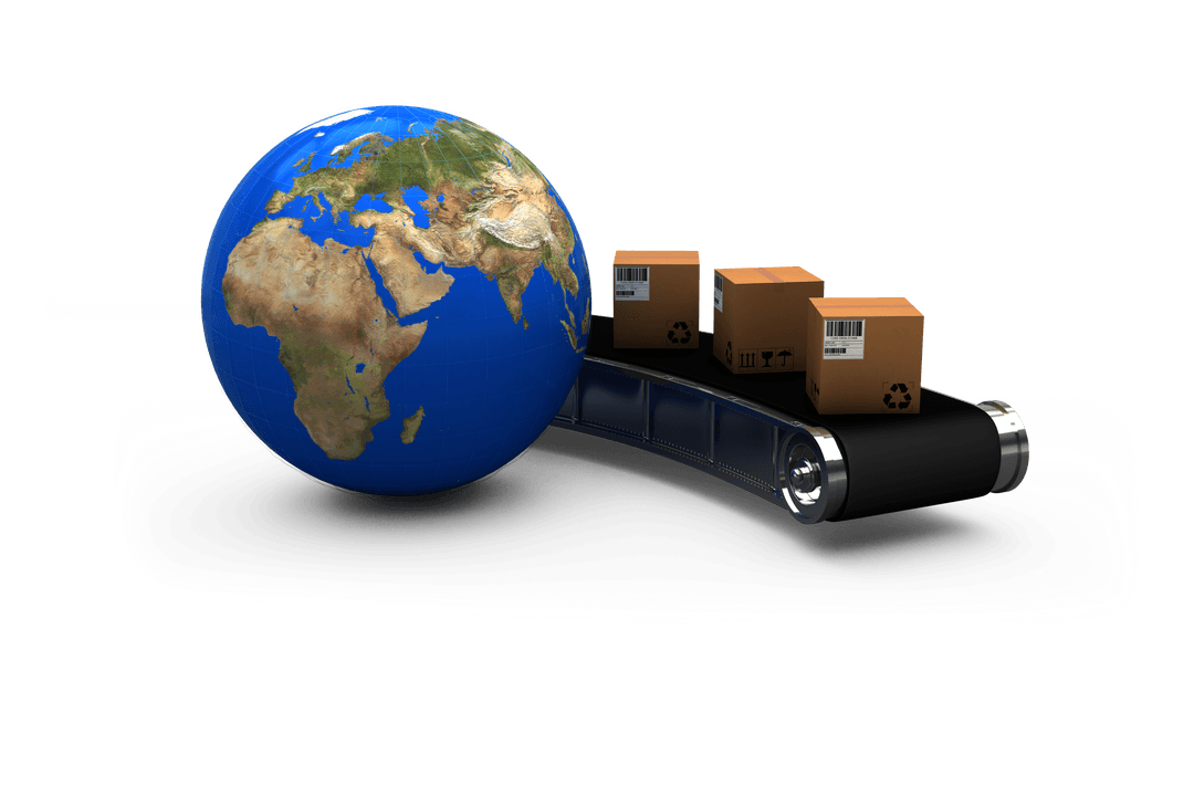 Transparent Planet Earth with Cardboard Boxes on Conveyor Belt