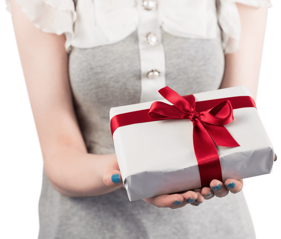 Woman Offering Transparent Gift with Red Ribbon Visible