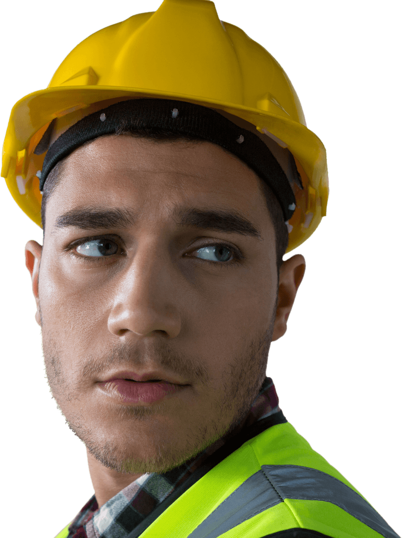 Caucasian Male Worker with Helmet on Transparent Background