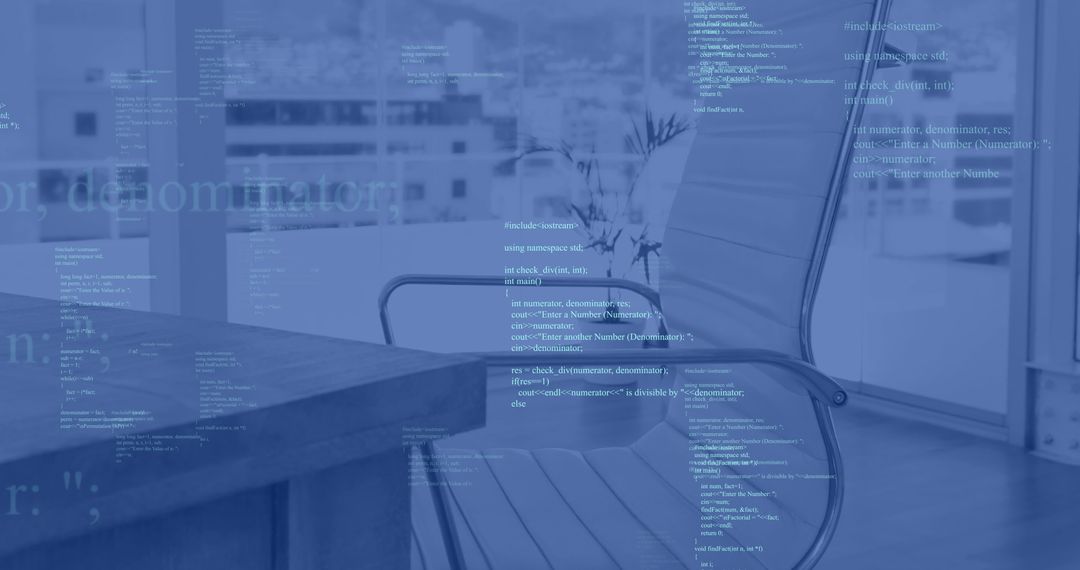 Minimal Modern Office Chair by Wood Desk with Floating Code Overlay for Tech Workspaces