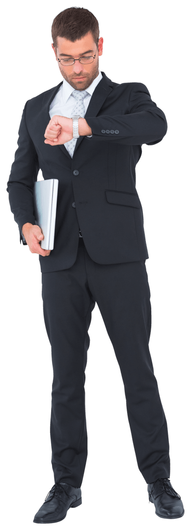 Serious Businessman Checking Time with Laptop in Hand Transparent Background