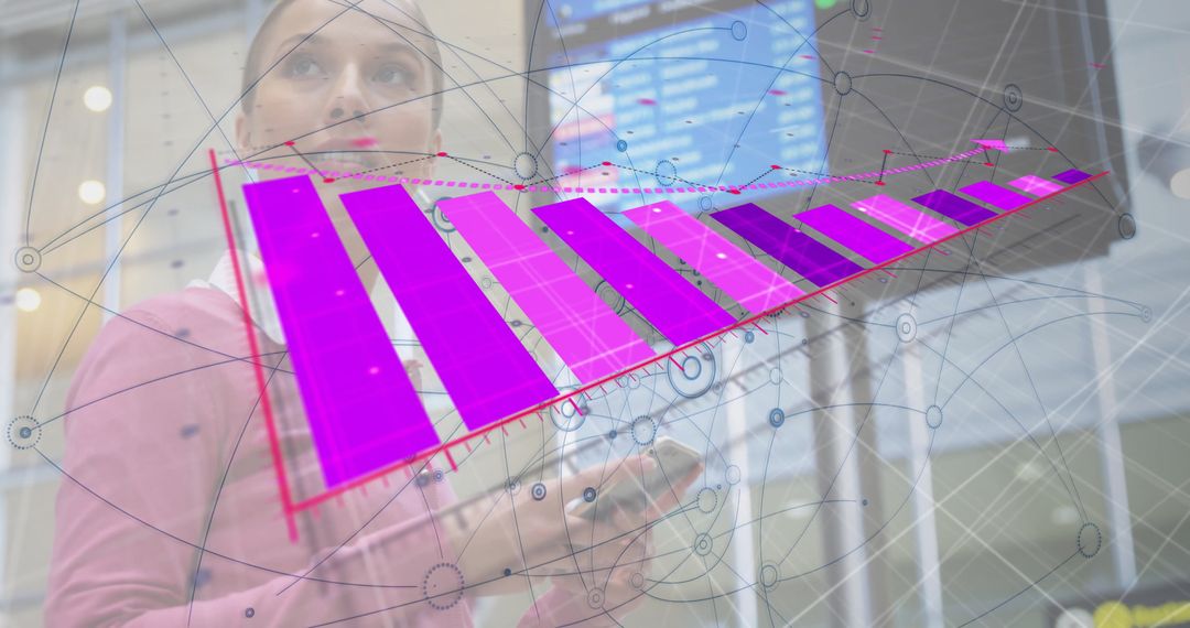 Woman Analyzing Data Visualization on Smartphone in Modern Atrium