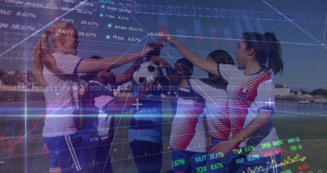 Celebrating Soccer Team with Complex Chart Overlays on Field
