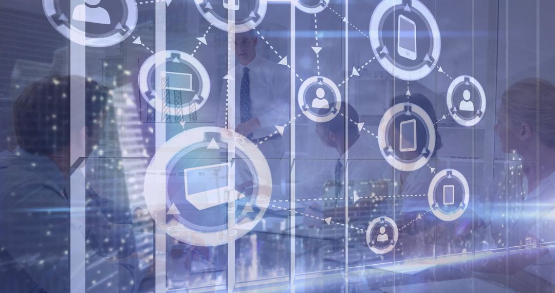 Business Meeting with Digital Interface and Networking Icons