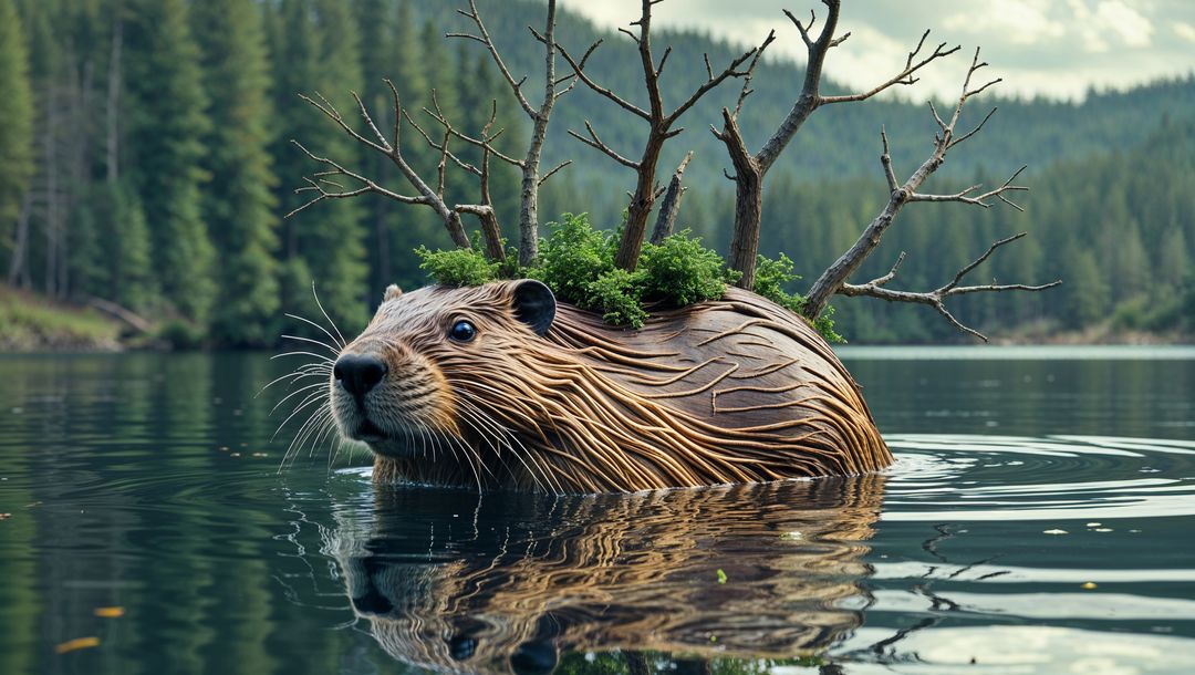 Creative Beaver Sculpture with Tree Trunks in Tranquil Mountain Lake