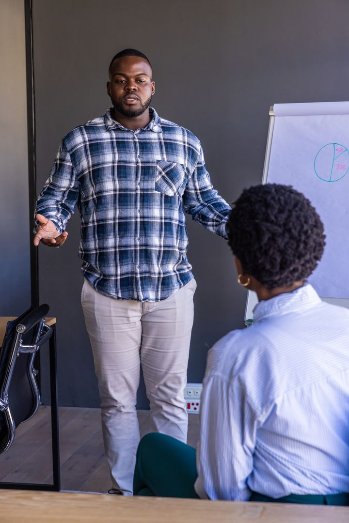 Colleagues Discussing a Pie Chart in Modern Office Meeting