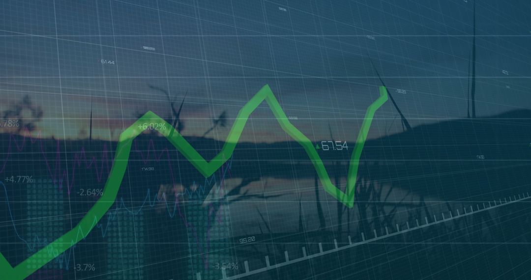 Bright Green Financial Graph over Serene Lake at Dusk