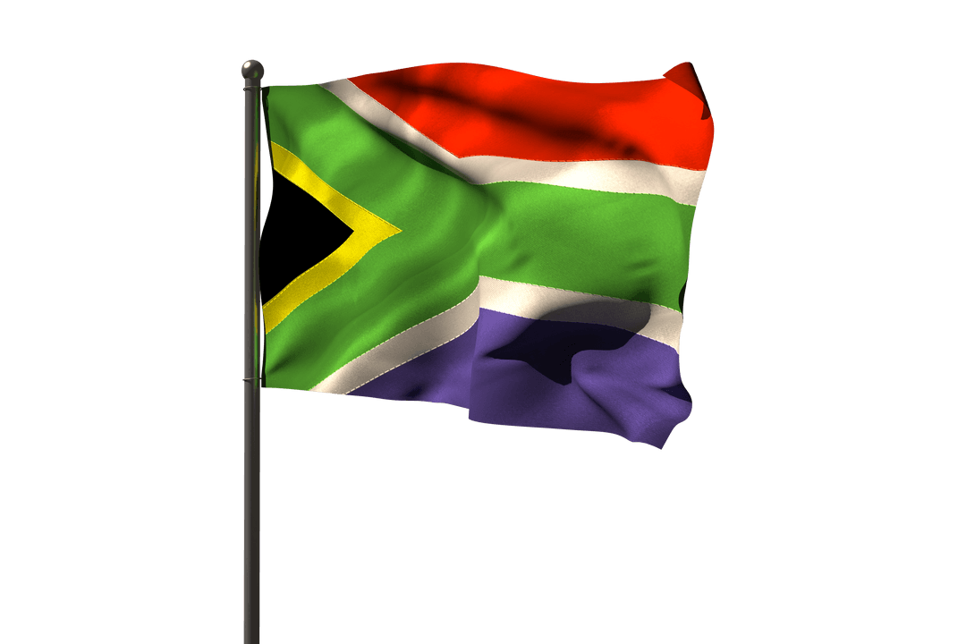 Transparent South African Flag Waving on Flagpole in Motion