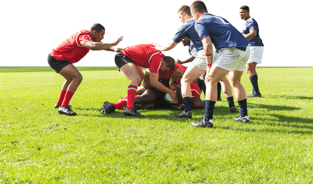 Diverse Rugby Team Players Competing Outdoors on Transparent Background
