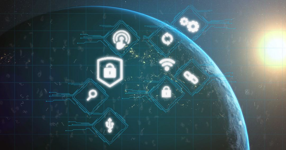 Futuristic Cybersecurity Icons Floating over Half-Earth Horizon